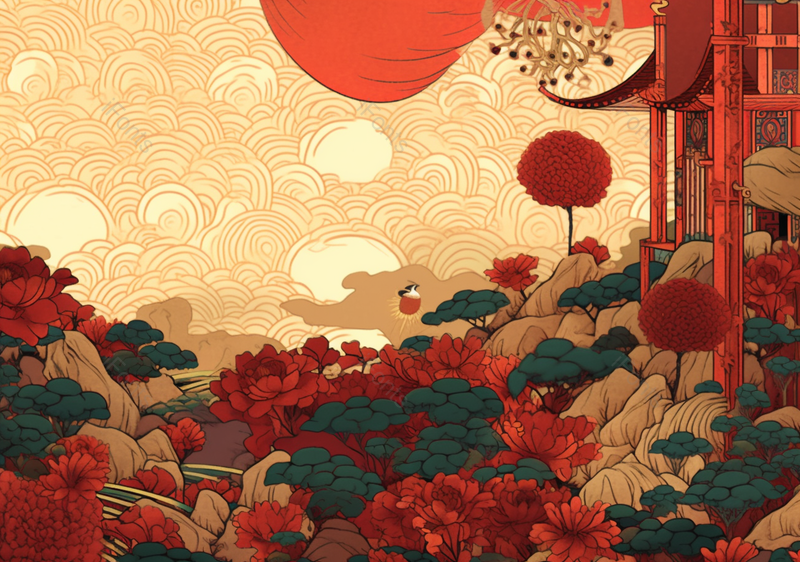 中国风古建筑牡丹国潮节日背景插画,插画/手绘图,插画/手绘图库,插画/手绘图下载,插画/手绘